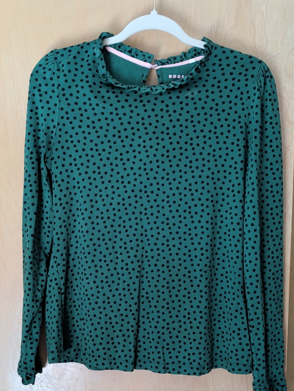 Boden Emerald Green Long-Sleeve Navy Polka Dot Top US 8